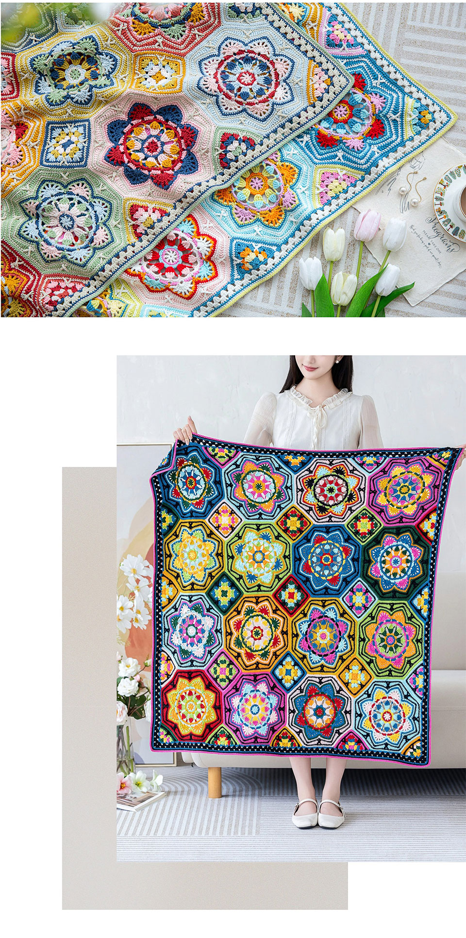 Persian tile patchwork blanket,crochet wool,knitting diy,side length