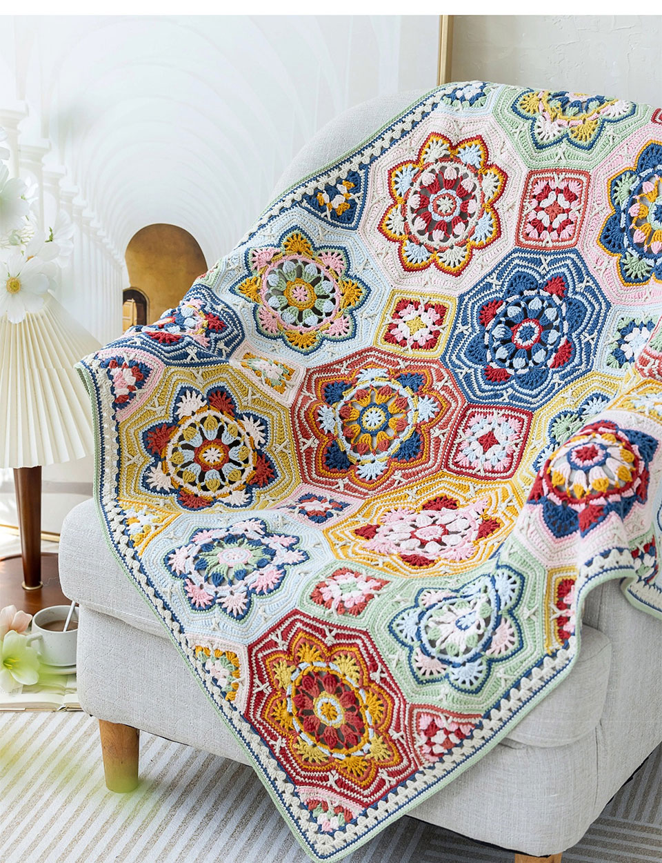 Persian tile patchwork blanket,crochet wool,knitting diy,side length