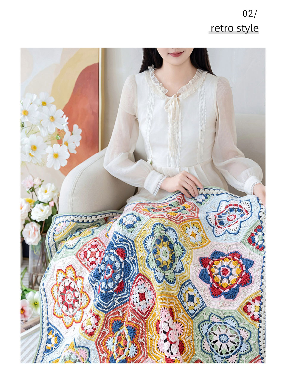Persian tile patchwork blanket,crochet wool,knitting diy,side length