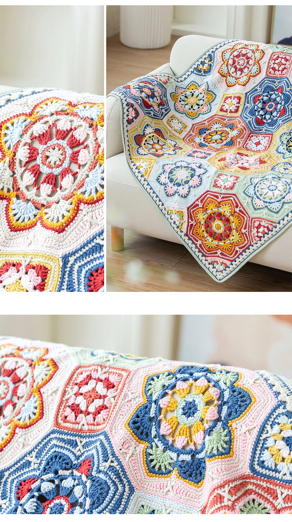Persian tile patchwork blanket,crochet wool,knitting diy,side length