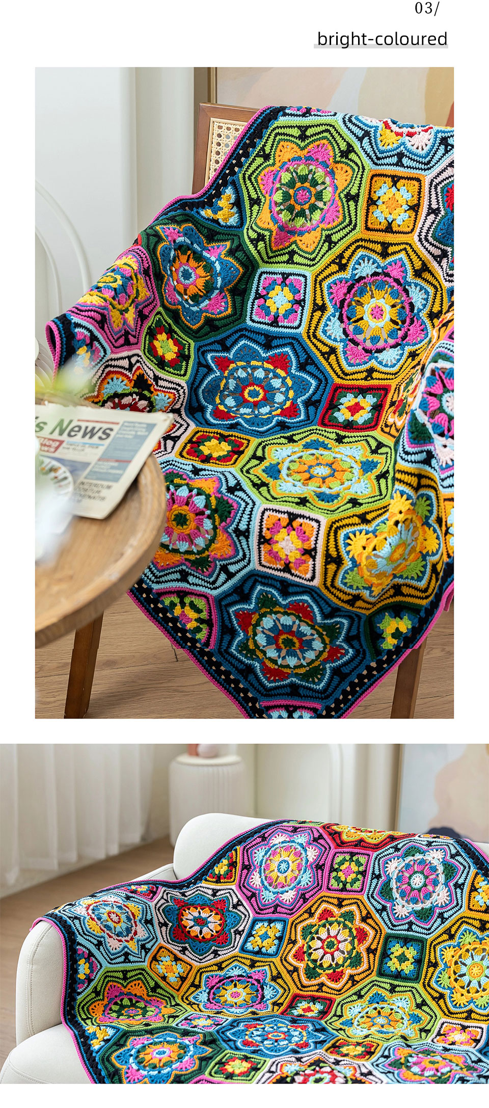 Persian tile patchwork blanket,crochet wool,knitting diy,side length