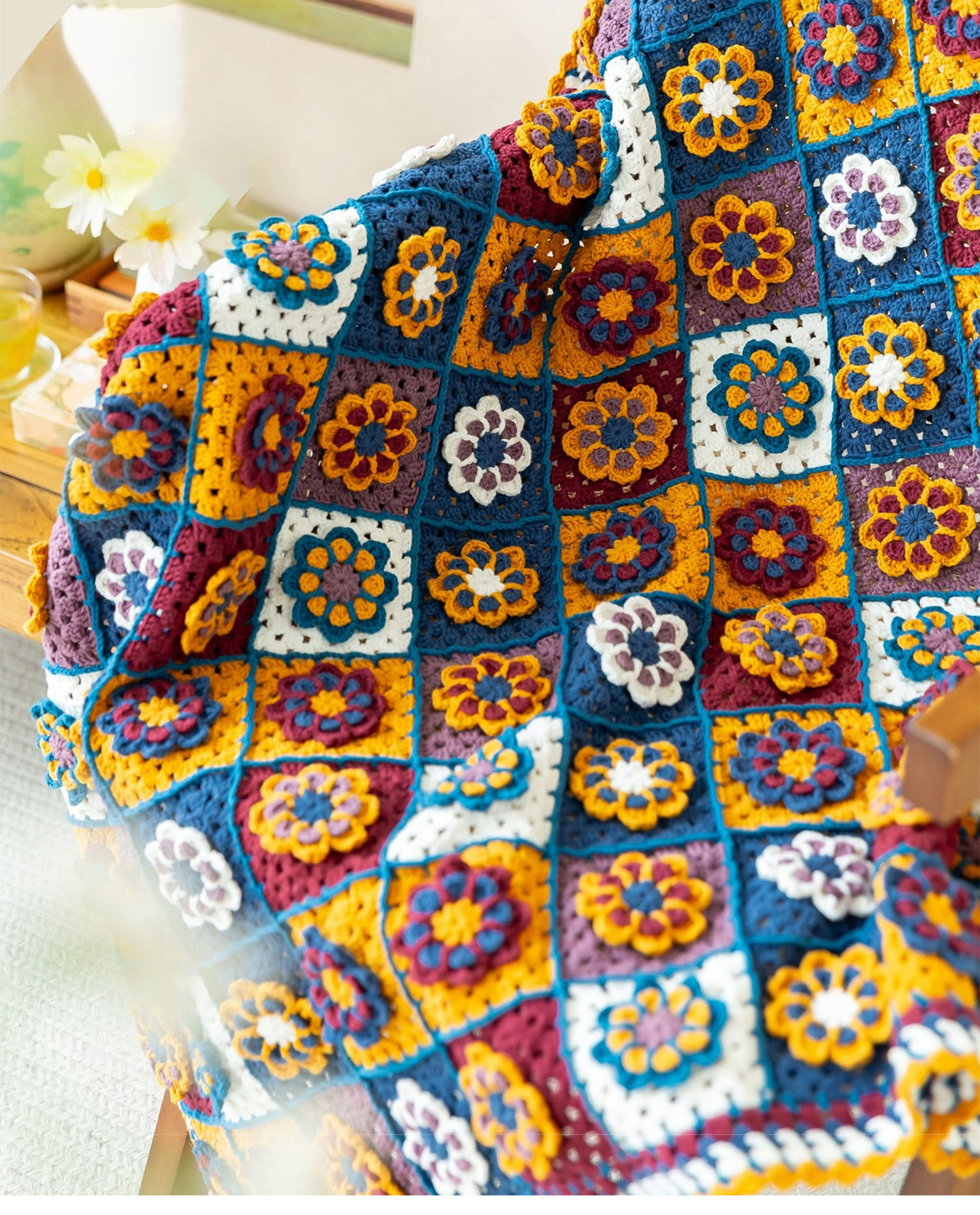 Plum Blossom,Grandma Grid Blanket,Handmade Cotton,Crochet Blanket,Homemade,Material Pack