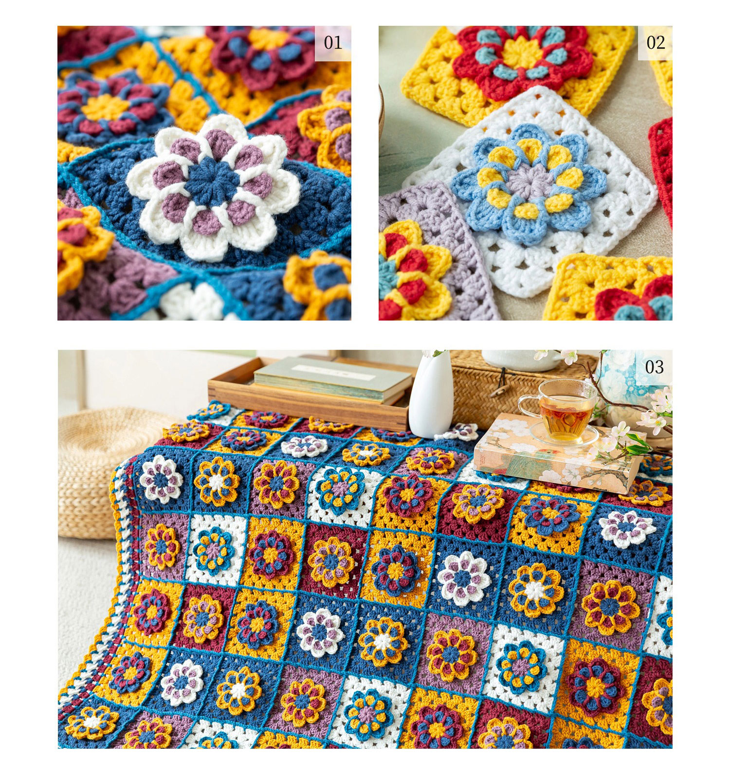 Plum Blossom,Grandma Grid Blanket,Handmade Cotton,Crochet Blanket,Homemade,Material Pack