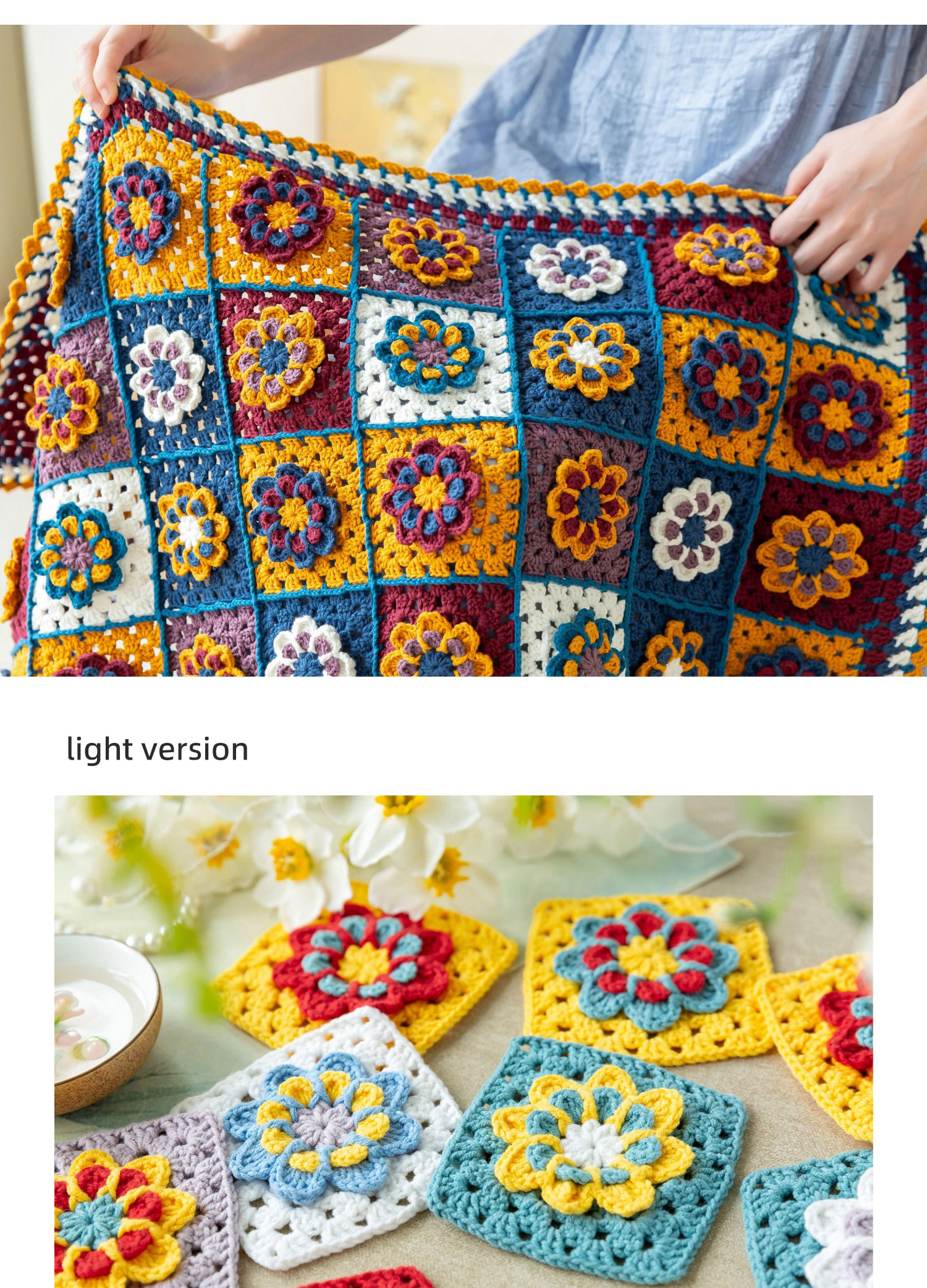Plum Blossom,Grandma Grid Blanket,Handmade Cotton,Crochet Blanket,Homemade,Material Pack