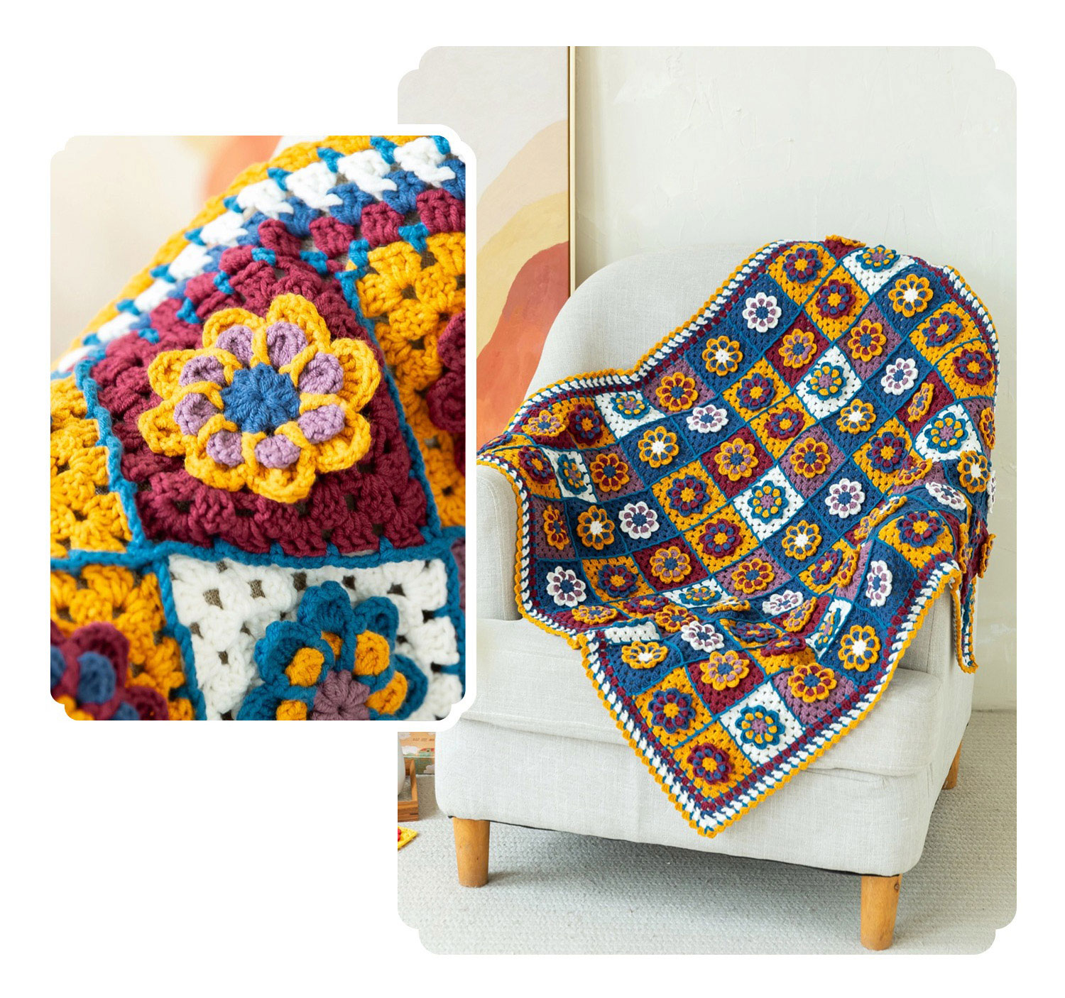 Plum Blossom,Grandma Grid Blanket,Handmade Cotton,Crochet Blanket,Homemade,Material Pack
