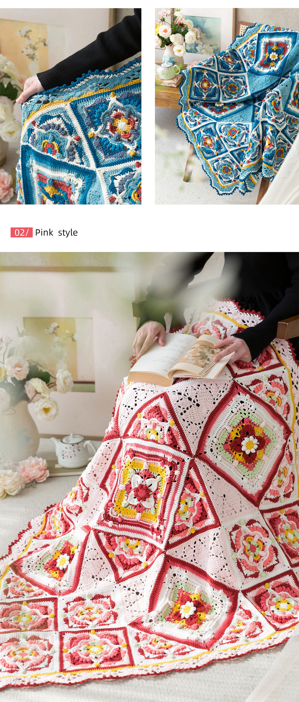 Square plaid patchwork blanket,handmade crochet,blanket,wool,material package
