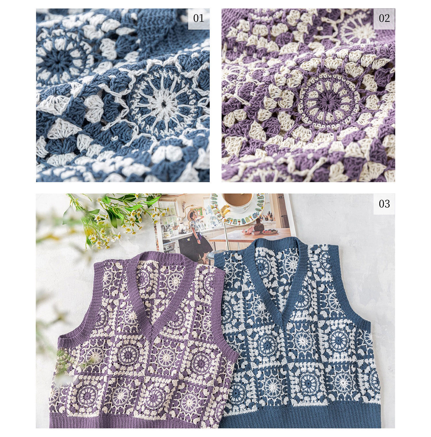 Two-color,mosaic V-neck,women's vest,DIY lace thread crochet,woolen sweater,material package
