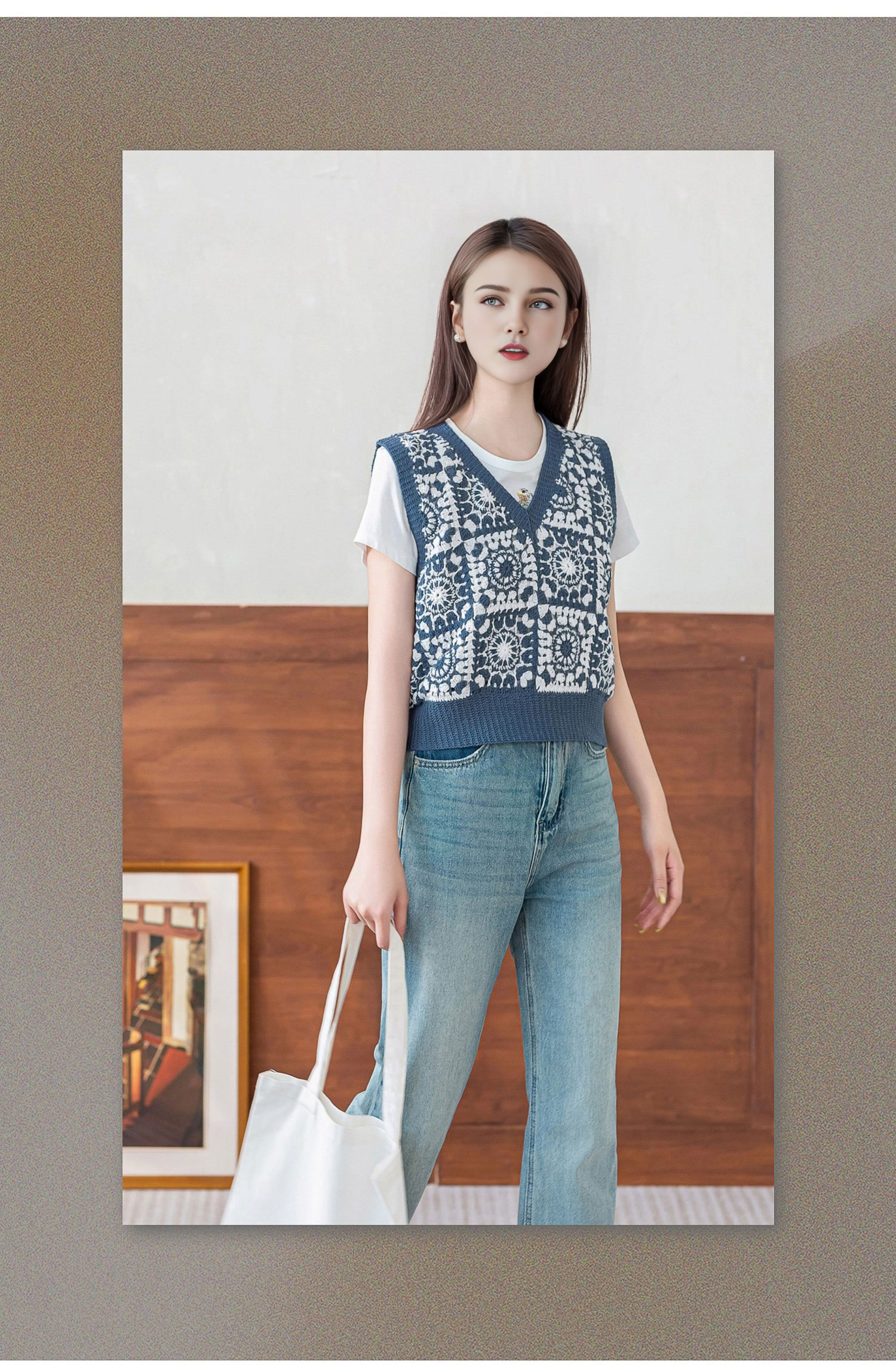Two-color,mosaic V-neck,women's vest,DIY lace thread crochet,woolen sweater,material package