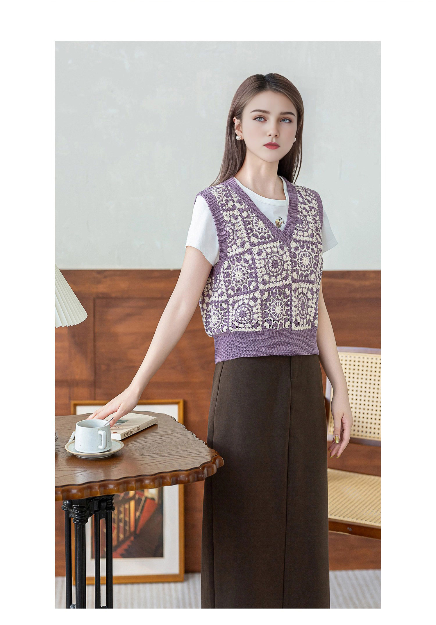 Two-color,mosaic V-neck,women's vest,DIY lace thread crochet,woolen sweater,material package