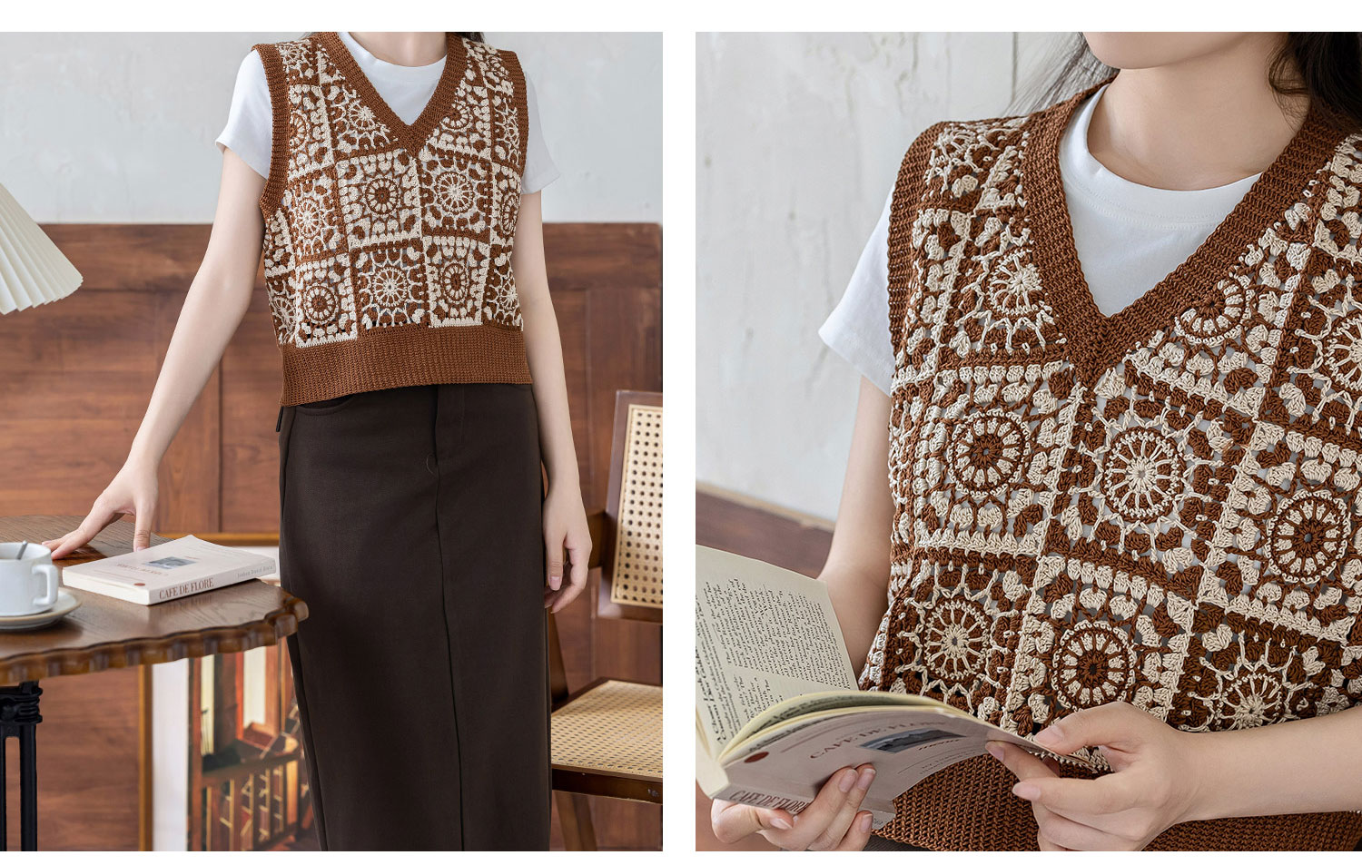 Two-color,mosaic V-neck,women's vest,DIY lace thread crochet,woolen sweater,material package