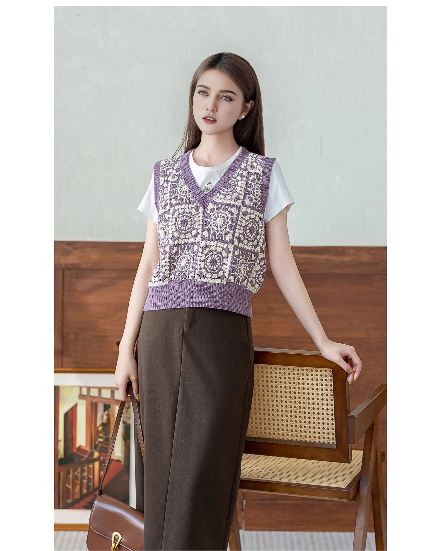 Two-color,mosaic V-neck,women's vest,DIY lace thread crochet,woolen sweater,material package