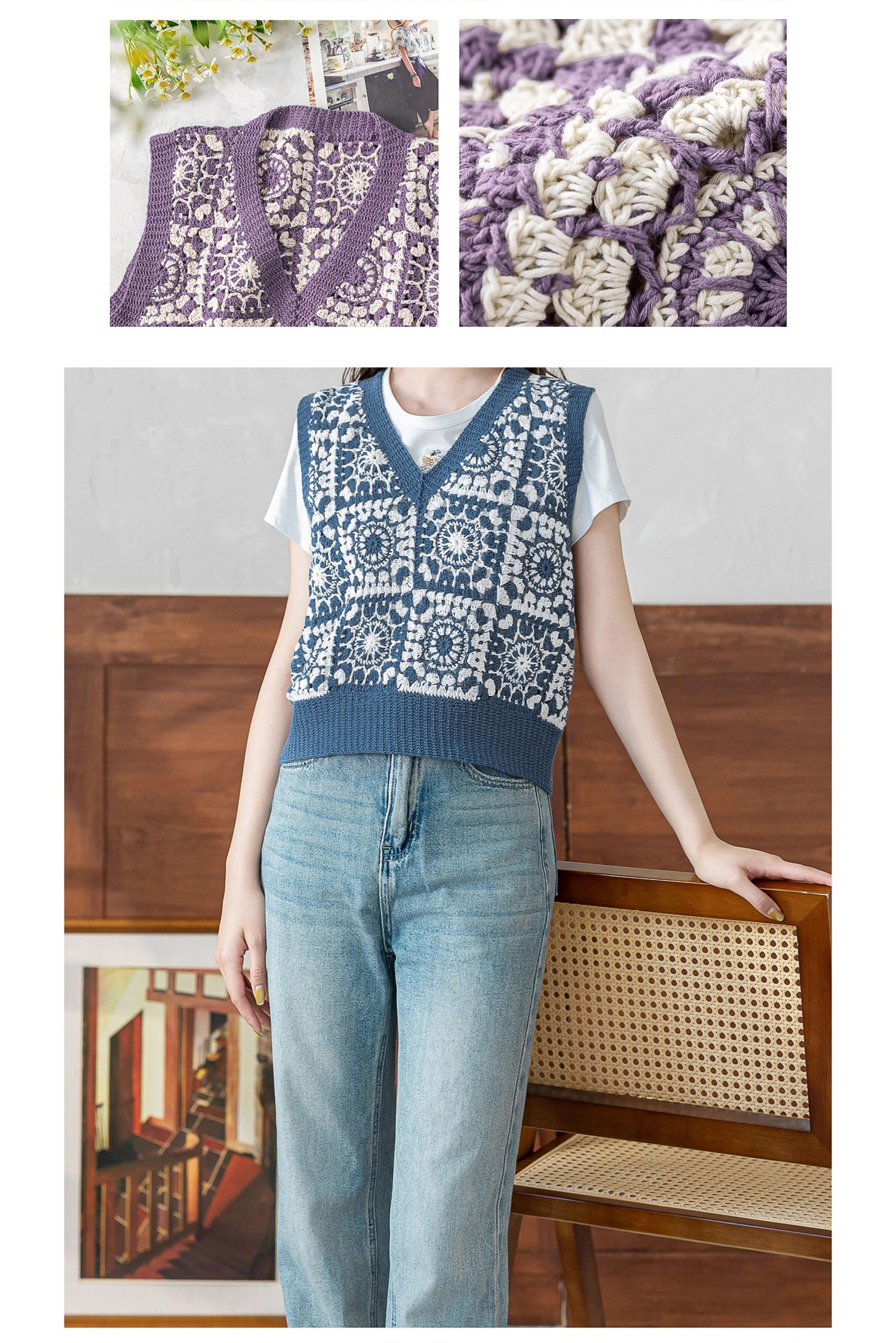 Two-color,mosaic V-neck,women's vest,DIY lace thread crochet,woolen sweater,material package