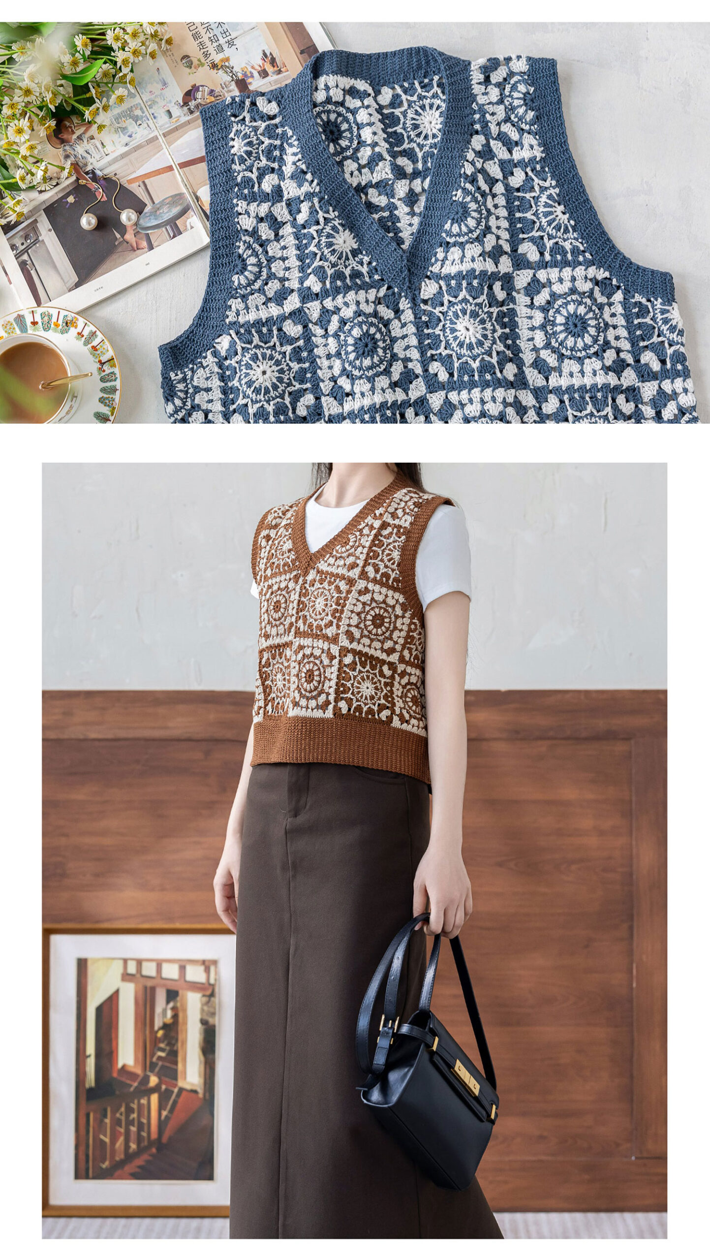 Two-color,mosaic V-neck,women's vest,DIY lace thread crochet,woolen sweater,material package
