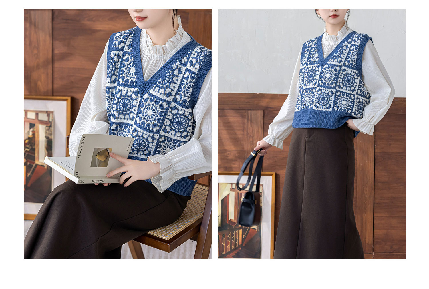 Two-color,mosaic V-neck,women's vest,DIY lace thread crochet,woolen sweater,material package